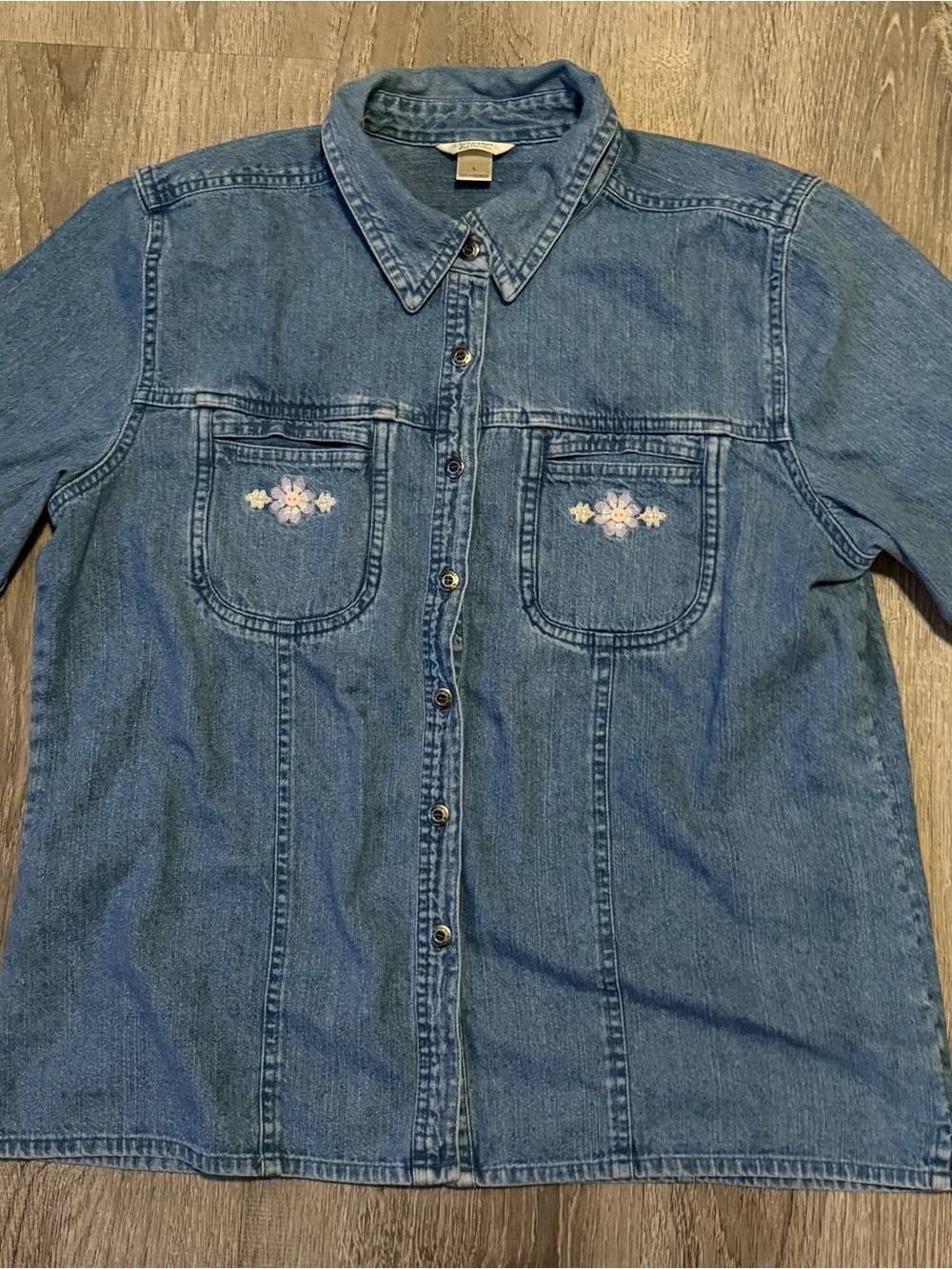 Vintage Christopher & Banks Light Blue Embroidered Denim floral button up Jacket